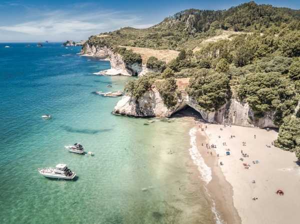 Arial view of Cathedral cove in Coromandel Peninsula, New Zealand